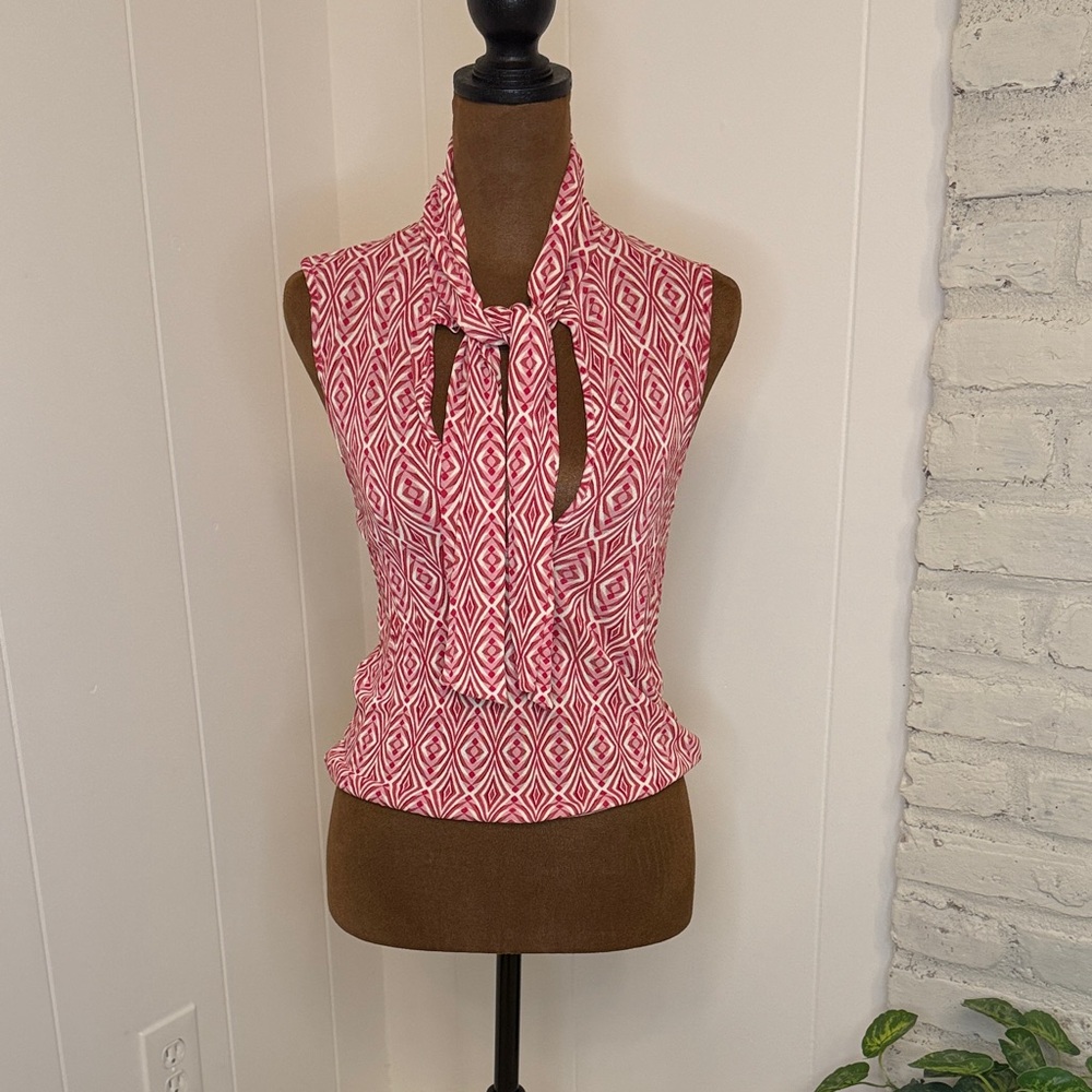 Vintage Chloé Designer Pink Patterned Sleeveless Plunge Tie Neck Top